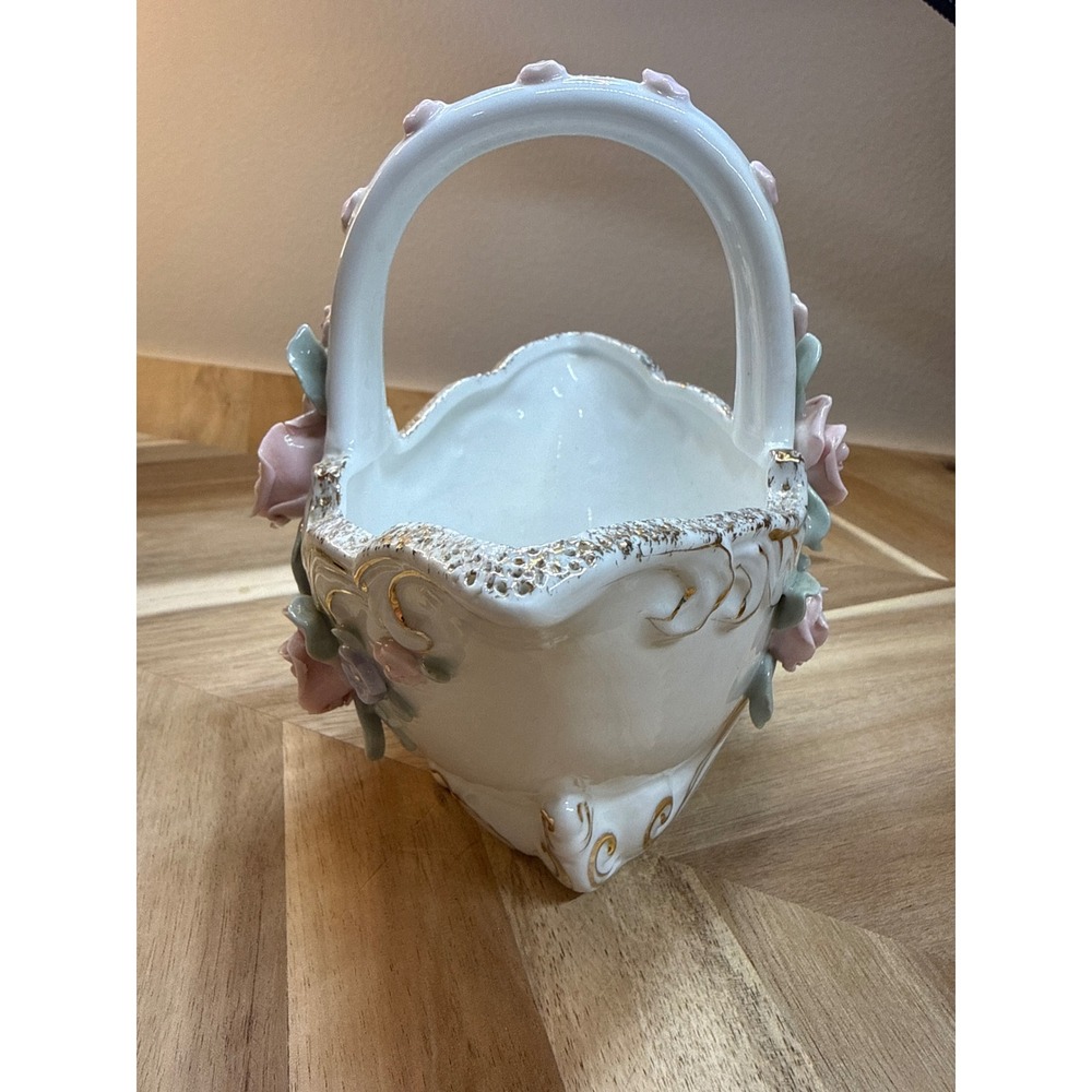 White Ceramic Rose Flower Basket Handle Trinket Dish Vintage Japan - Picture 2 of 7